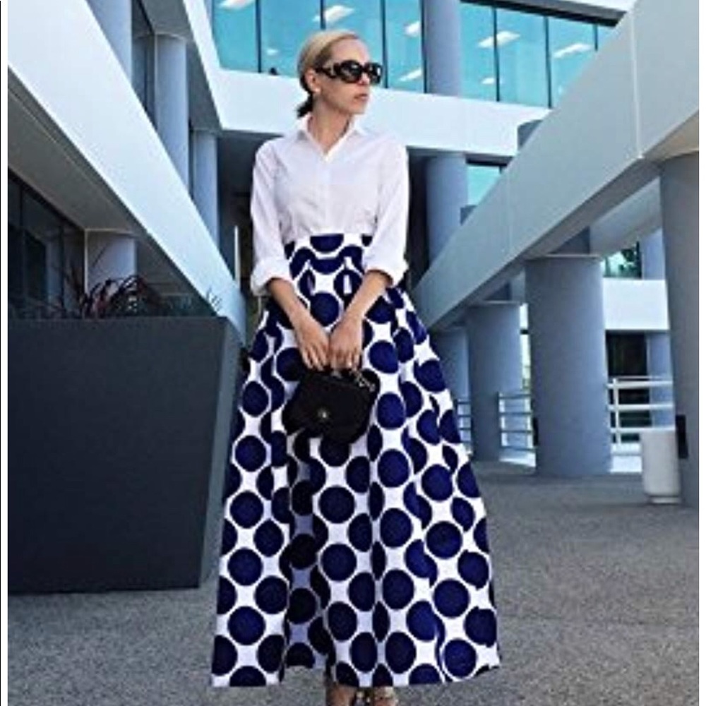 Navy Polka Dot and White Print Maxi Skater Skirt